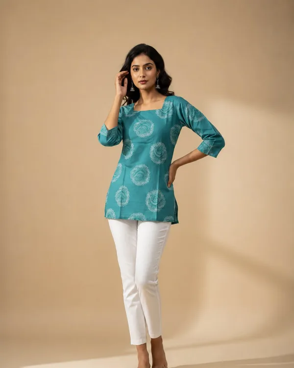 SQUARE NECK ELEGENT DOTTED SHORT KURTI WITH STRAIGHT FIT FOR WOMWN